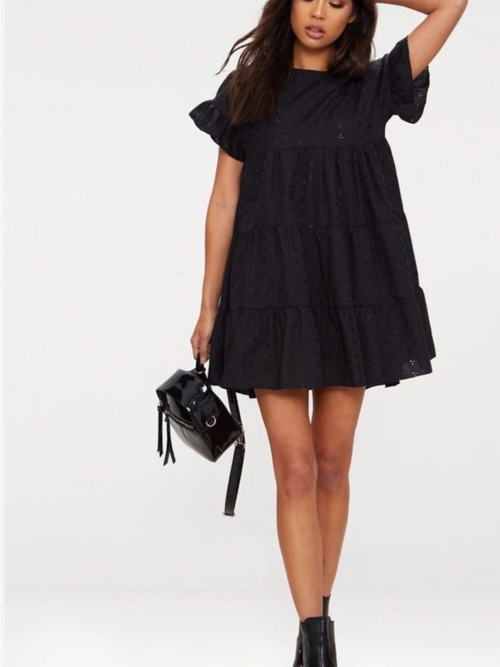 PrettyLittleThing Black broderie anglaise smock dress - Tiered Eyelet Mini Dress